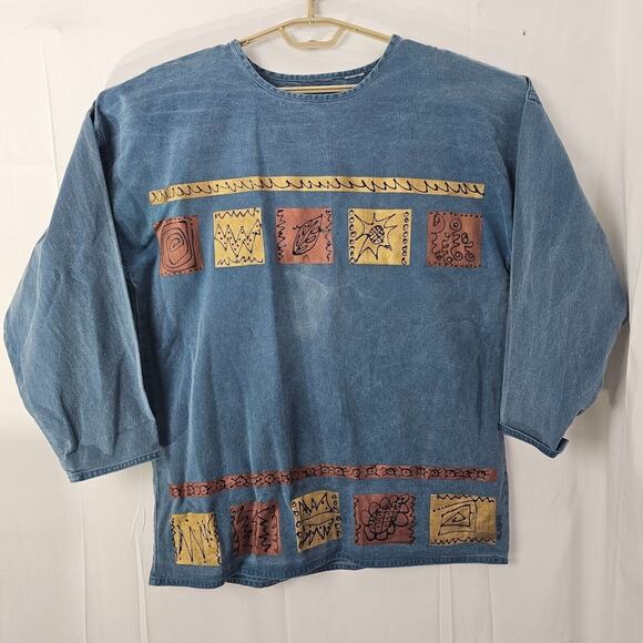 Vintage Denim Outfit 2 Piece Set Large Long Shirt Skirt Jean Blue Fall Leaf Puff - Picture 2 of 16